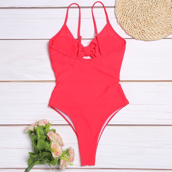 Red Tie front high waisted monokini. - Picture 4 of 5